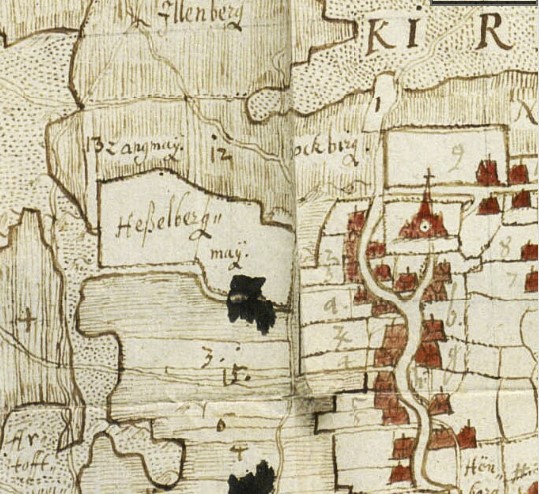 Kort fra 1641, der viser 'Hesselberg maj' og 'Lang maj'